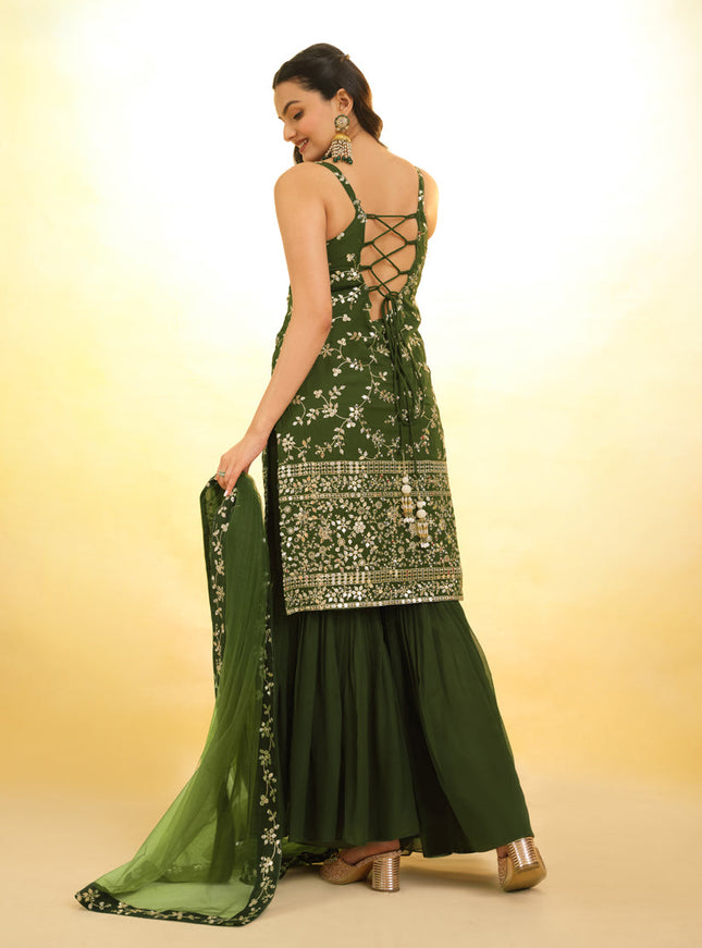 Olive Green Embroidered Georgette Readymade Sharara Kameez