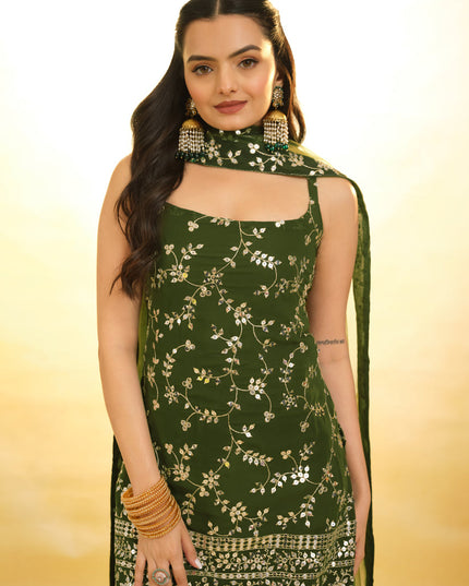 Olive Green Embroidered Georgette Readymade Sharara Kameez