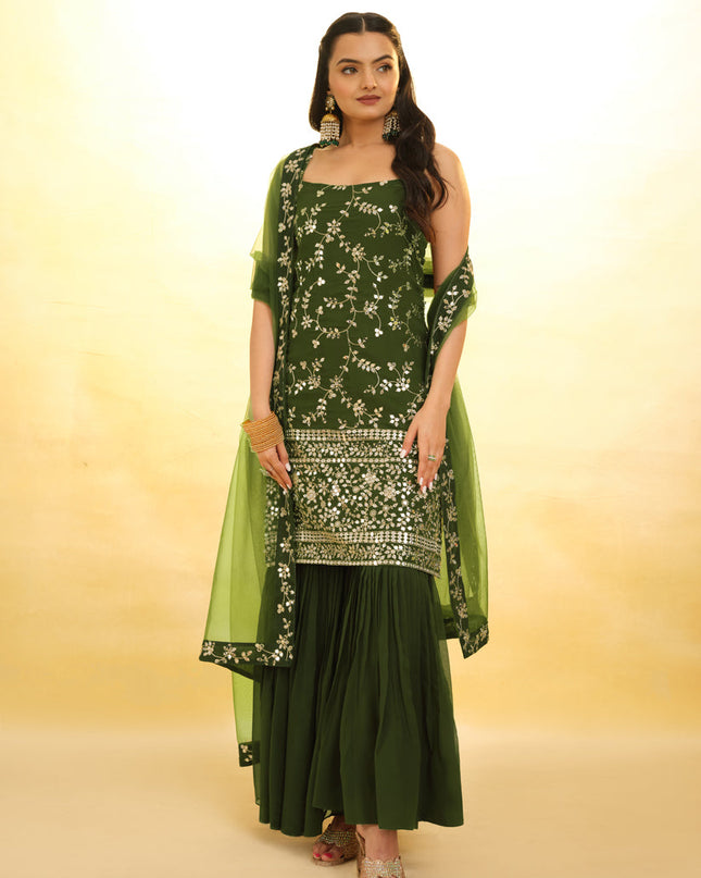 Olive Green Embroidered Georgette Readymade Sharara Kameez
