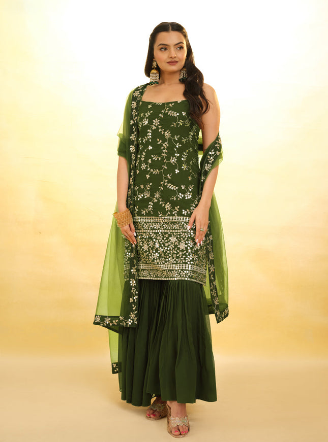 Olive Green Embroidered Georgette Readymade Sharara Kameez