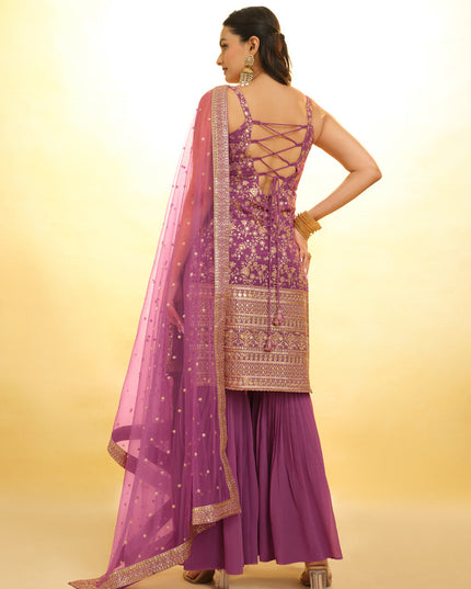 Onion Pink Embroidered Georgette Readymade Sharara Kameez