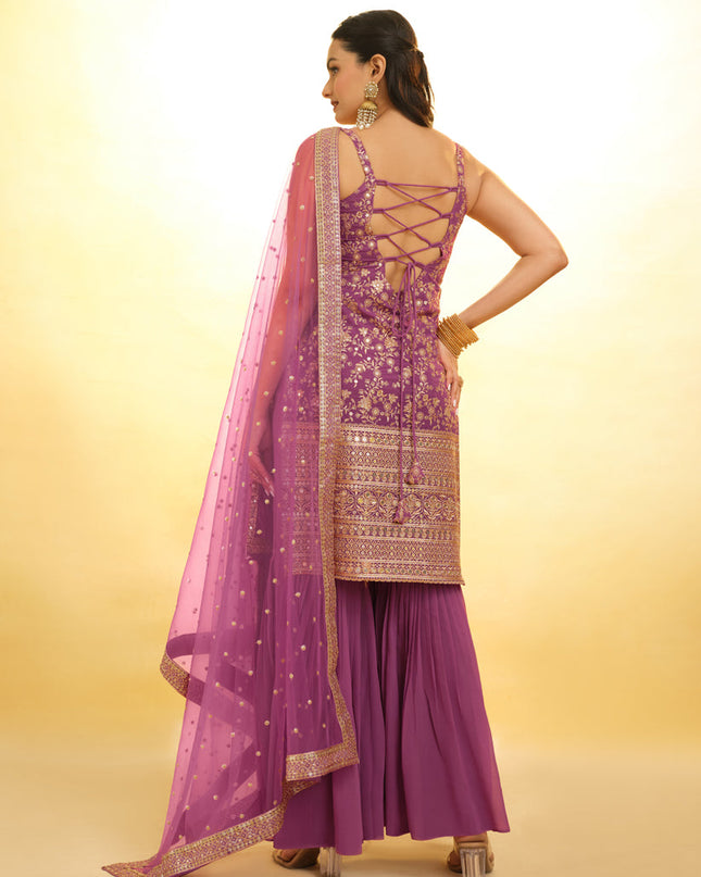 Onion Pink Embroidered Georgette Readymade Sharara Kameez