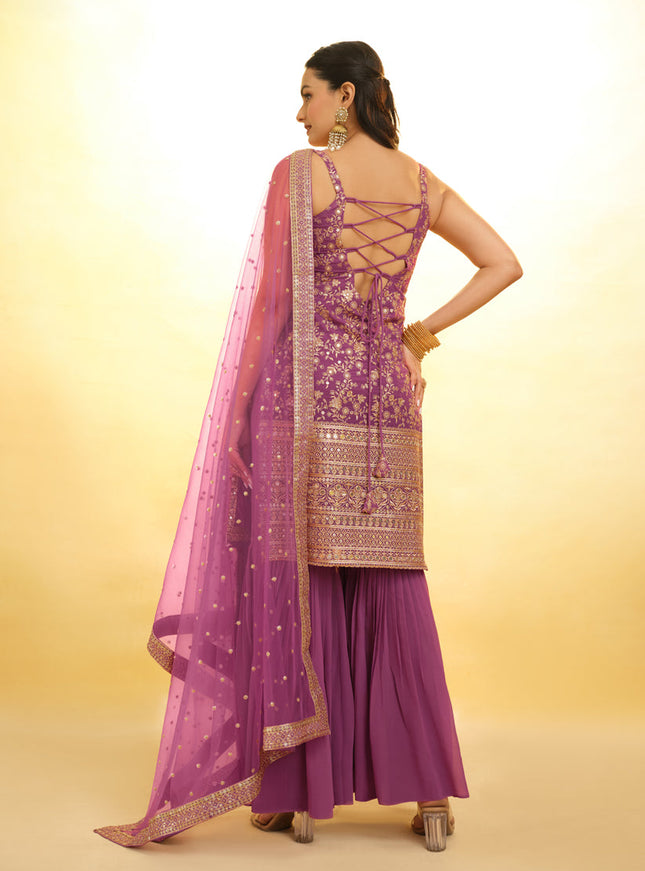 Onion Pink Embroidered Georgette Readymade Sharara Kameez