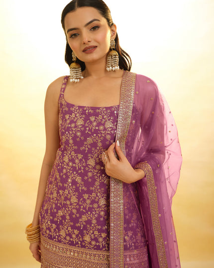 Onion Pink Embroidered Georgette Readymade Sharara Kameez