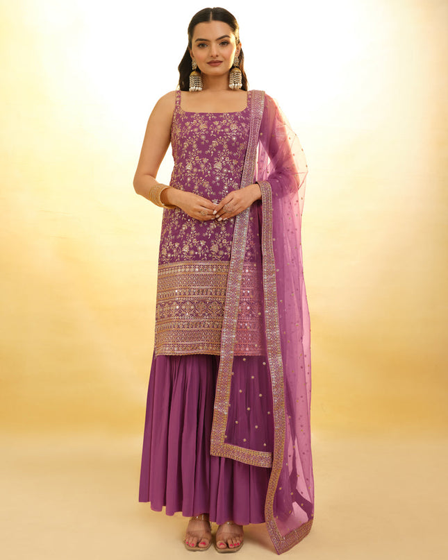 Onion Pink Embroidered Georgette Readymade Sharara Kameez