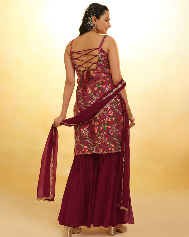 Maroon Embroidered Net Readymade Sharara Kameez