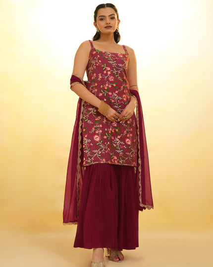 Maroon Embroidered Net Readymade Sharara Kameez
