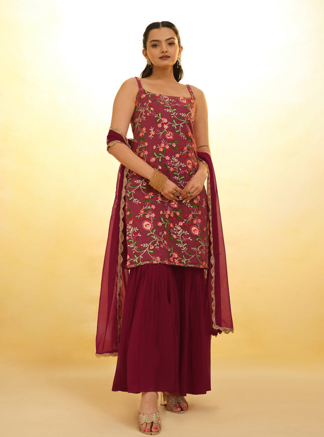 Maroon Embroidered Net Readymade Sharara Kameez