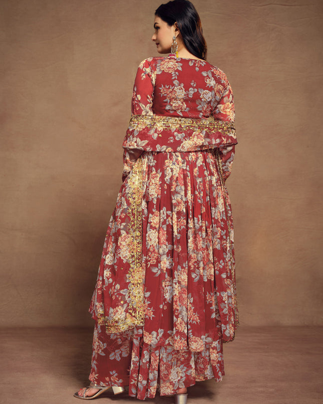 Maroon Chiffon Embroidered Readymade Palazzo Kameez