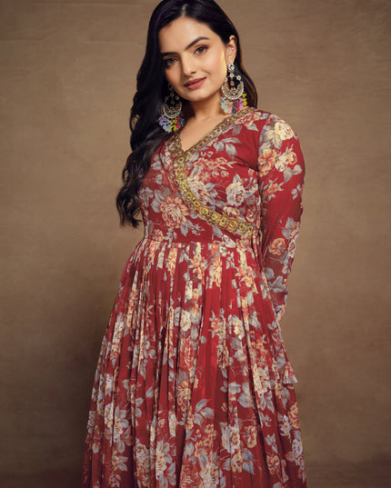 Maroon Chiffon Embroidered Readymade Palazzo Kameez