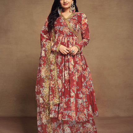 Maroon Chiffon Embroidered Readymade Palazzo Kameez