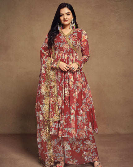 Maroon Chiffon Embroidered Readymade Palazzo Kameez