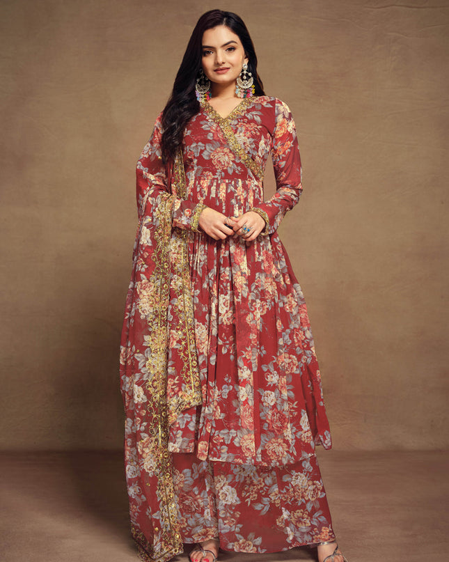Maroon Chiffon Embroidered Readymade Palazzo Kameez