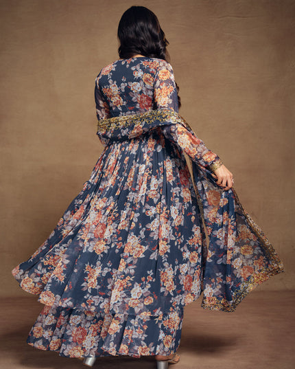 Prussian Blue Chiffon Embroidered Readymade Palazzo Kameez