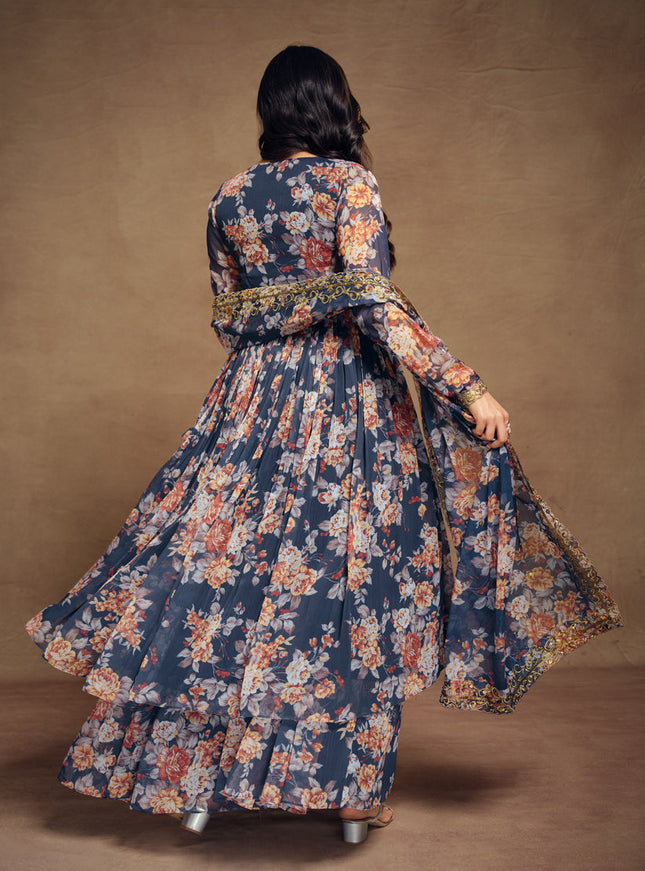 Prussian Blue Chiffon Embroidered Readymade Palazzo Kameez