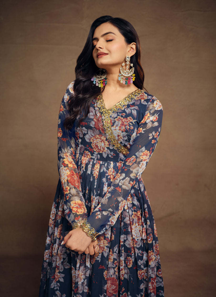Prussian Blue Chiffon Embroidered Readymade Palazzo Kameez