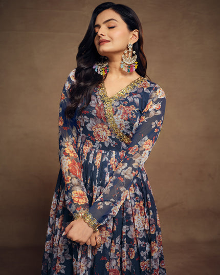 Prussian Blue Chiffon Embroidered Readymade Palazzo Kameez