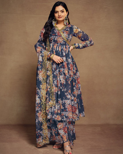 Prussian Blue Chiffon Embroidered Readymade Palazzo Kameez