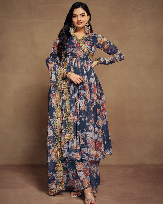 Prussian Blue Chiffon Embroidered Readymade Palazzo Kameez