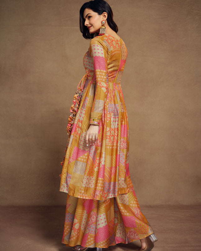 Multicolor Muslin Embroidered Readymade Palazzo Kameez