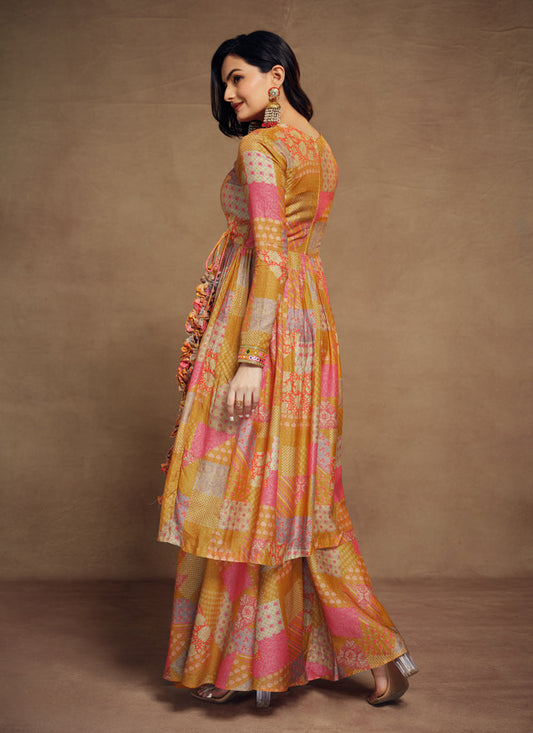 Multicolor Muslin Embroidered Readymade Palazzo Kameez