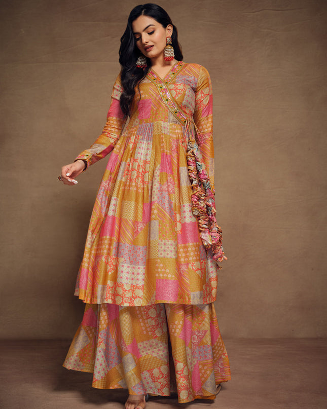 Multicolor Muslin Embroidered Readymade Palazzo Kameez