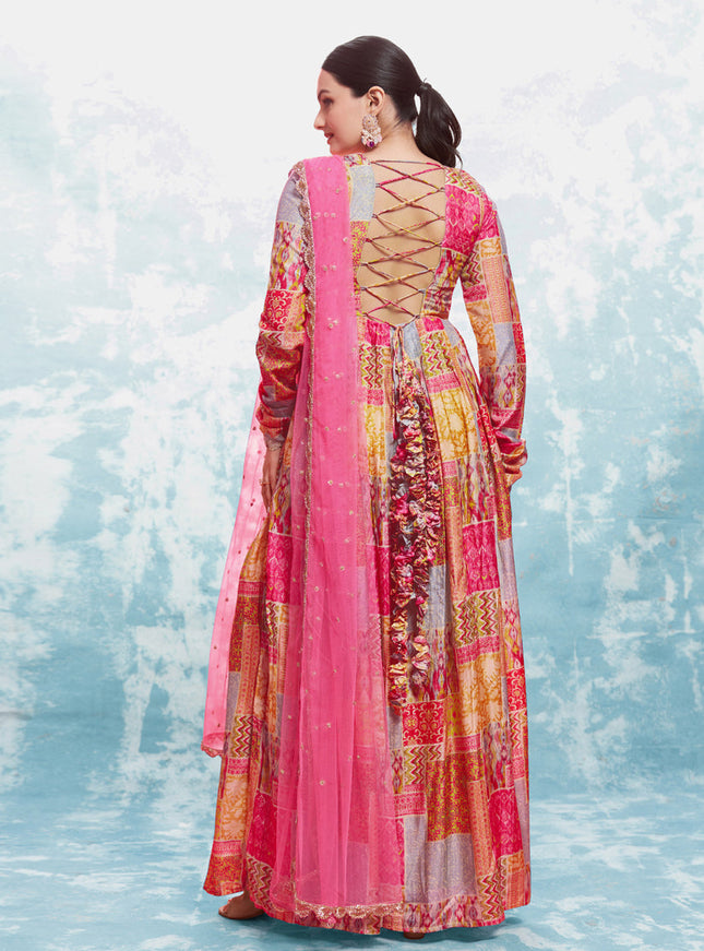 Pink Readymade Gown with Dupatta
