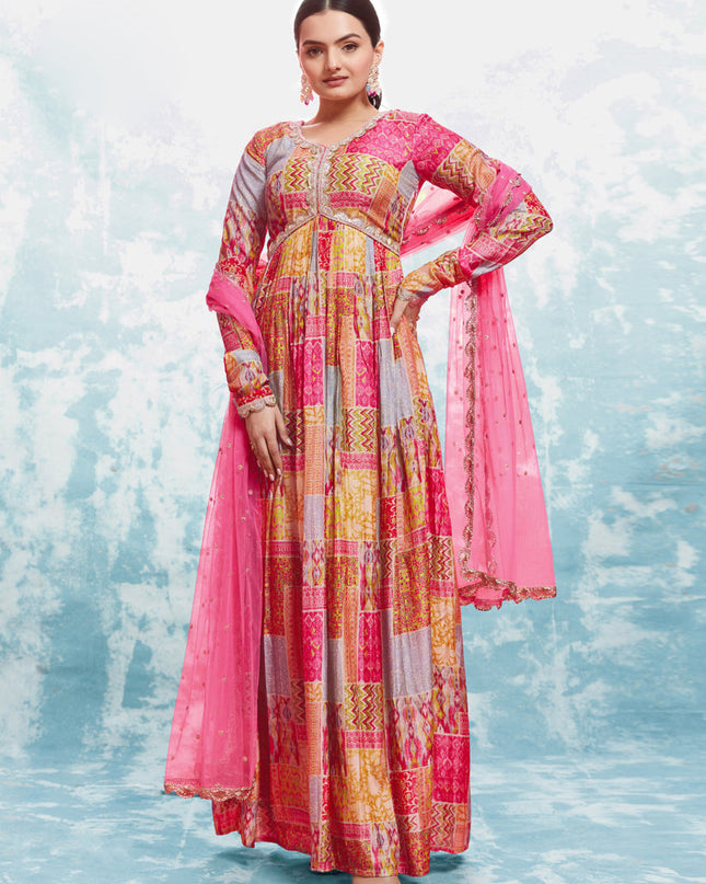 Pink Readymade Gown with Dupatta