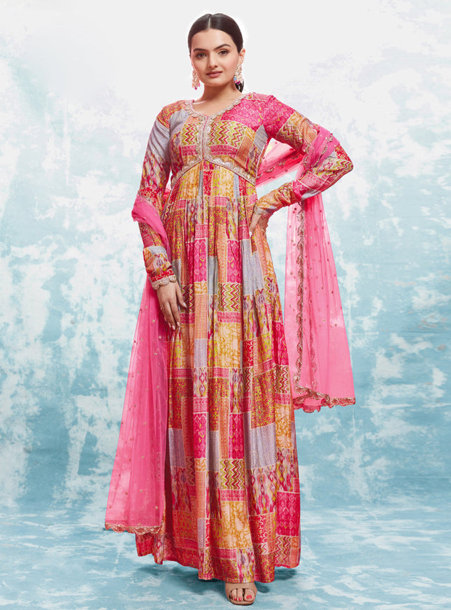 Pink Readymade Gown with Dupatta