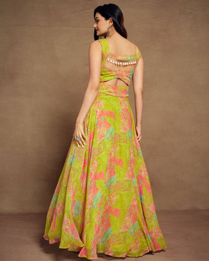 Lime Green Georgette Floral Print Gown