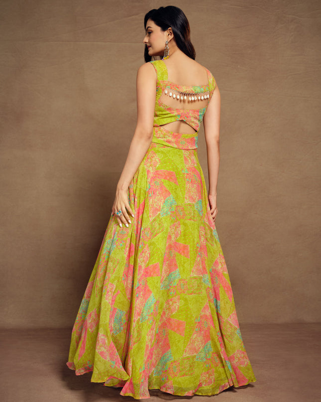 Lime Green Georgette Floral Print Gown