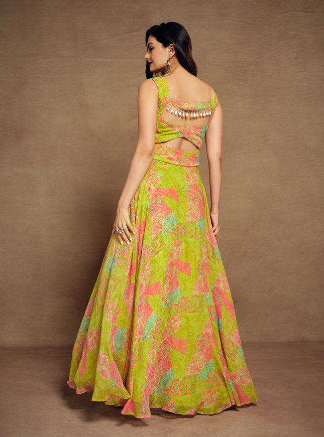 Lime Green Georgette Floral Print Gown