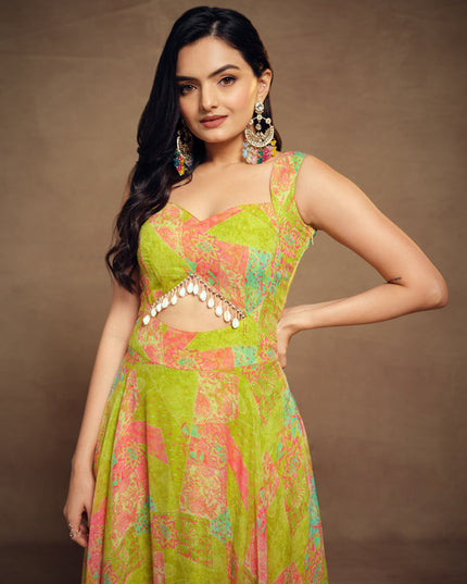 Lime Green Georgette Floral Print Gown