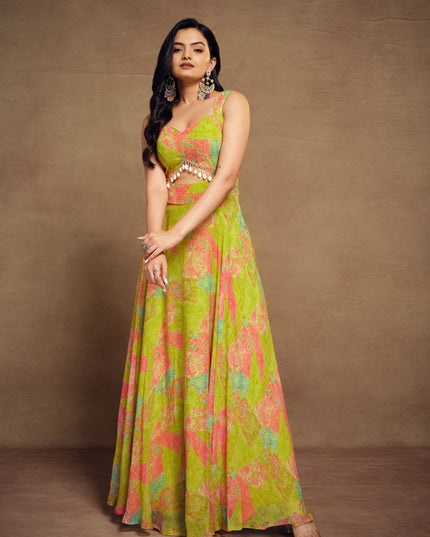 Lime Green Georgette Floral Print Gown