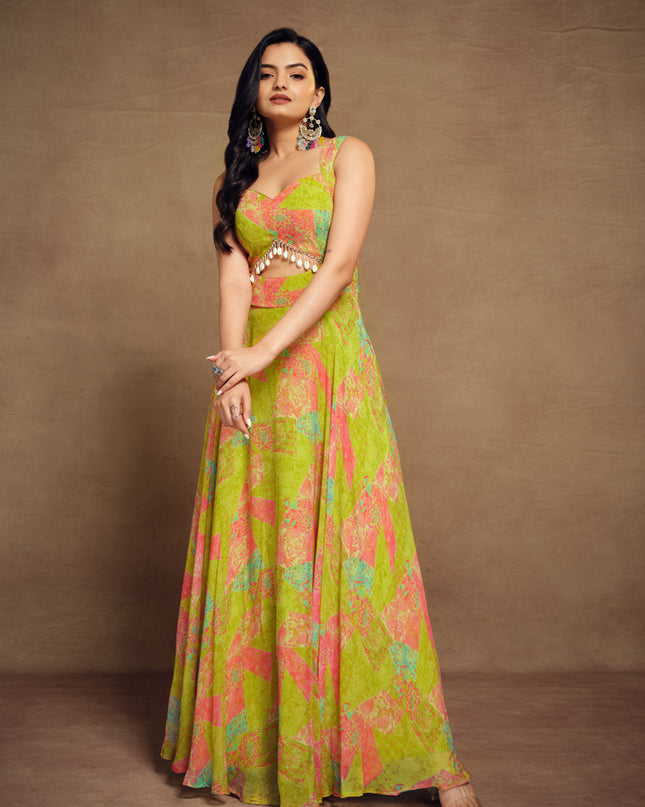 Lime Green Georgette Floral Print Gown