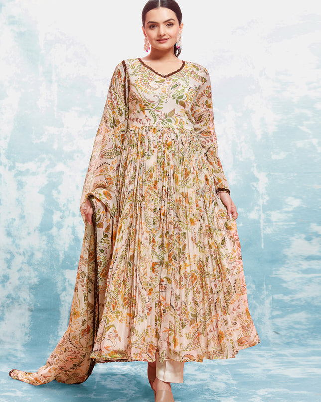 Cream Georgette Readymade Anarkali Suit