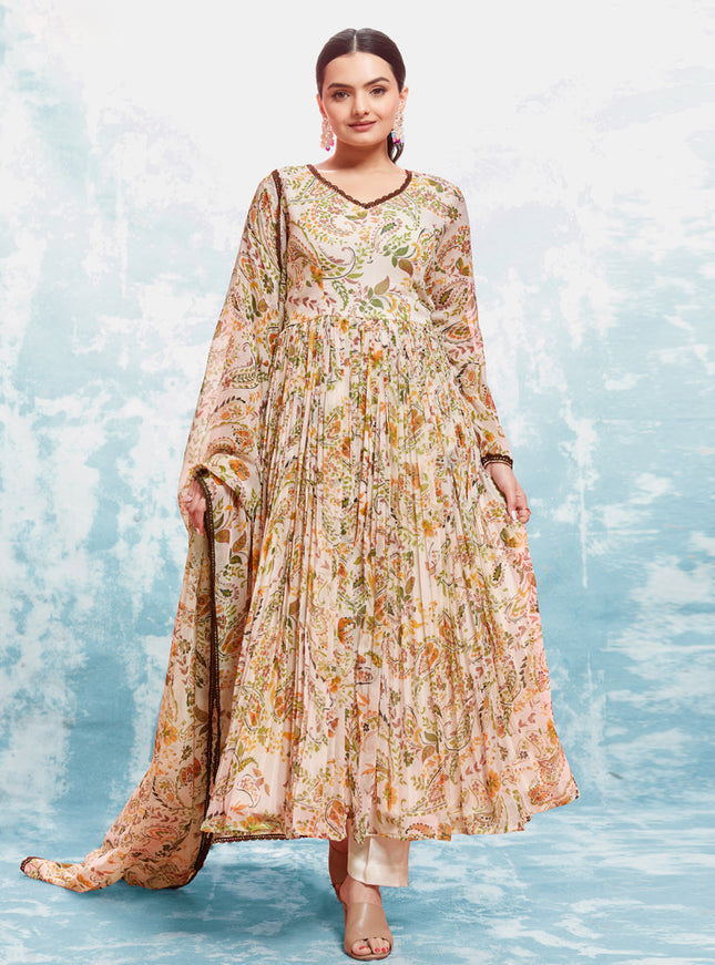 Cream Georgette Readymade Anarkali Suit