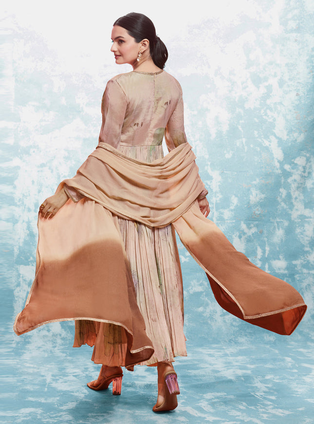 Beige Silk Readymade Anarkali Suit