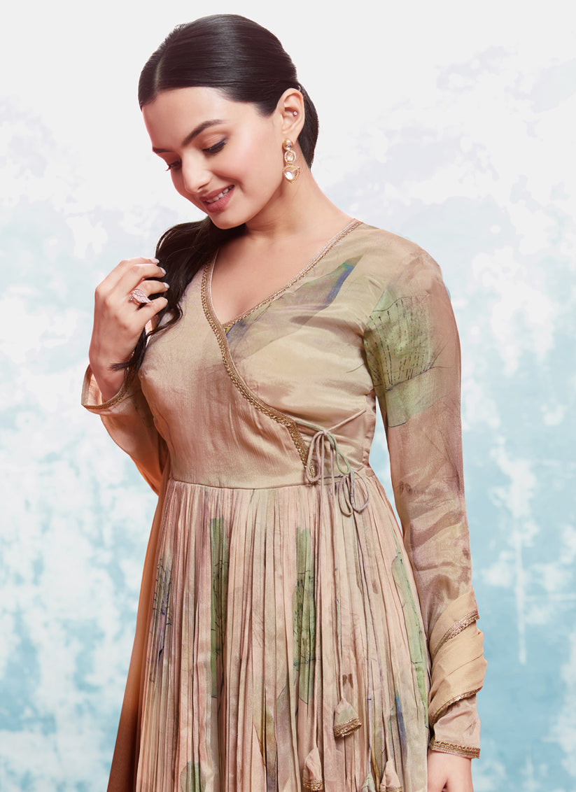 Beige Silk Readymade Anarkali Suit