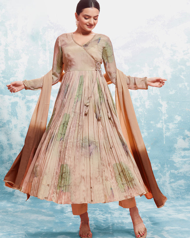 Beige Silk Readymade Anarkali Suit