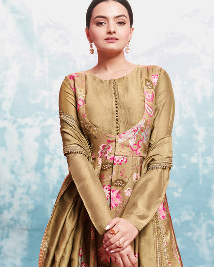 Beige Readymade Gown with Dupatta