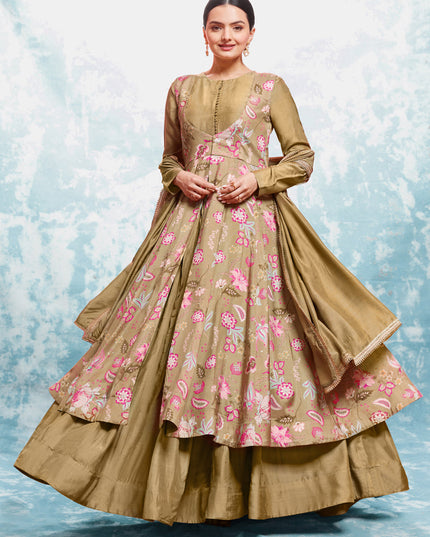 Beige Readymade Gown with Dupatta