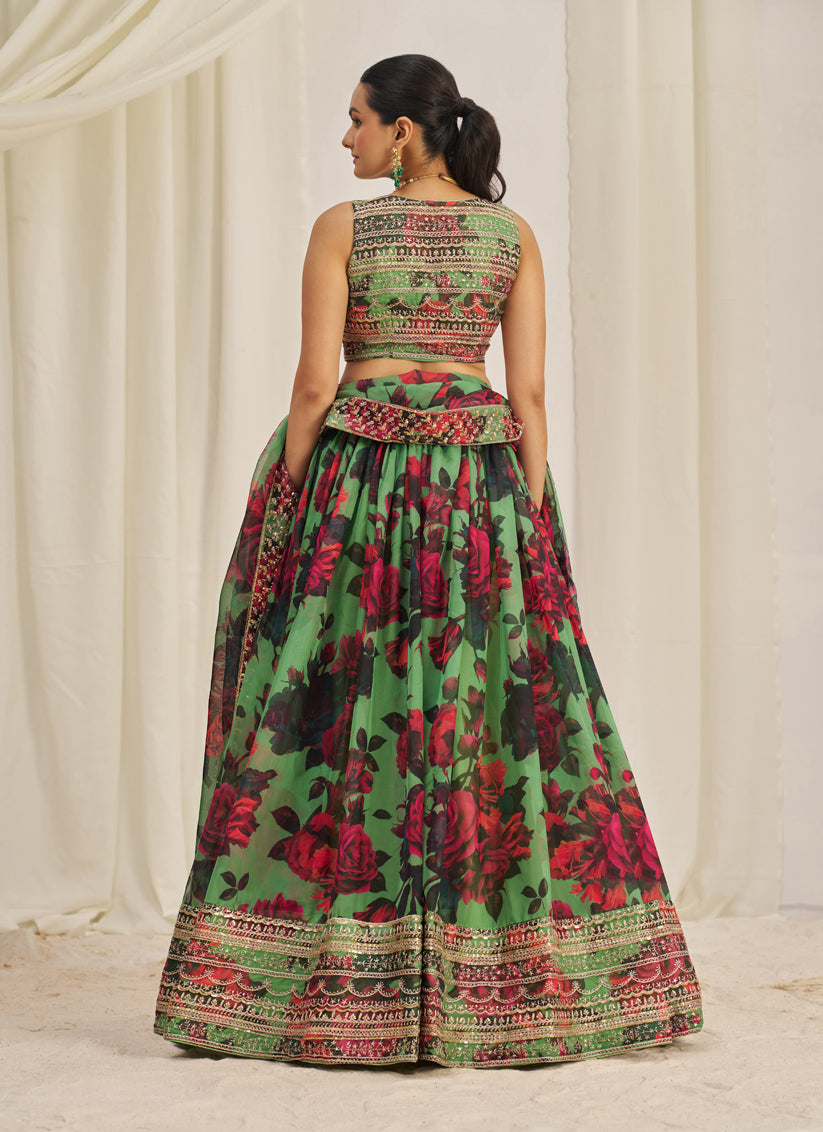 Pistachio Green Organza Floral Print Embroidered Lehenga Choli Set