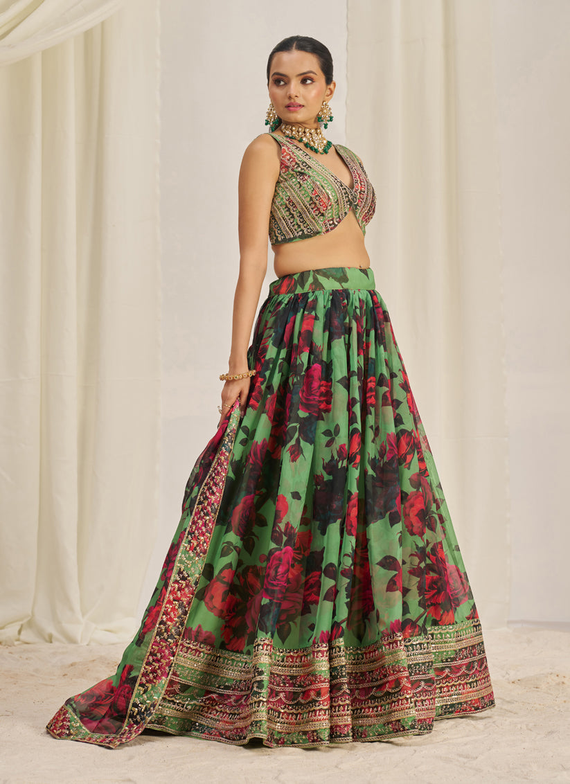 Pistachio Green Organza Floral Print Embroidered Lehenga Choli Set