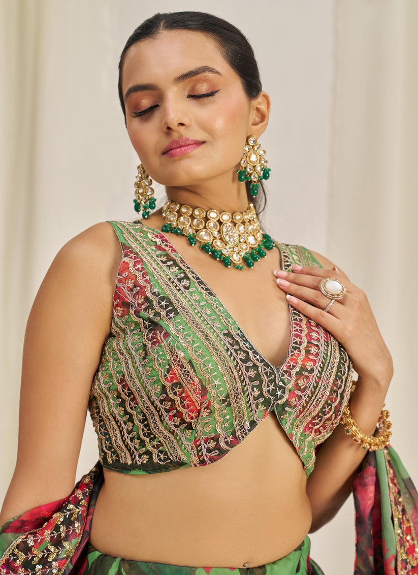 Pistachio Green Organza Floral Print Embroidered Lehenga Choli Set