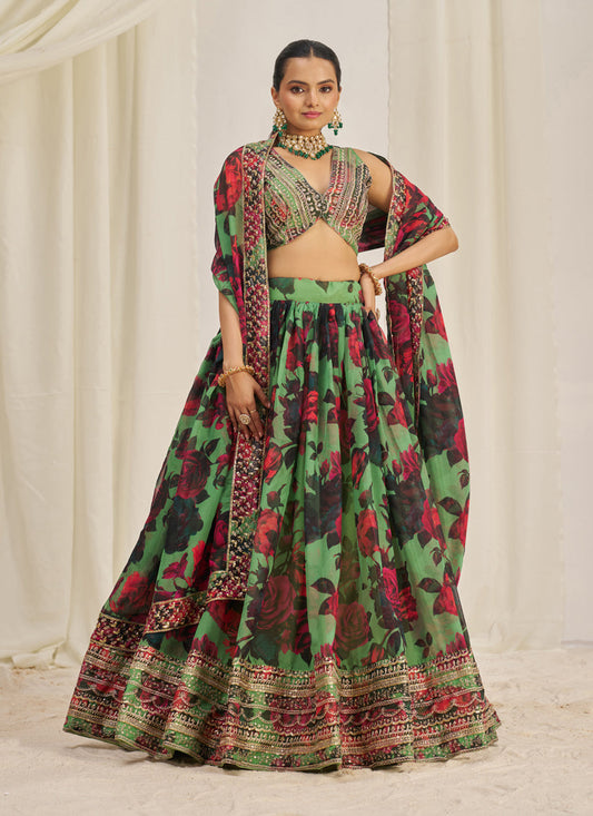 Pistachio Green Organza Floral Print Embroidered Lehenga Choli Set