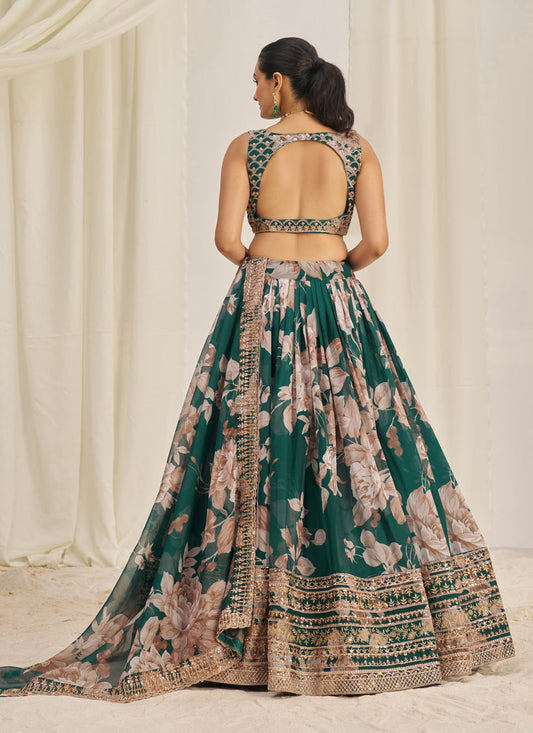 Pine Green Organza Floral Print Embroidered Lehenga Choli Set