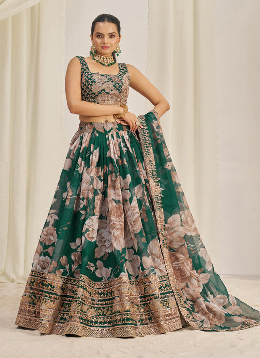 Pine Green Organza Floral Print Embroidered Lehenga Choli Set