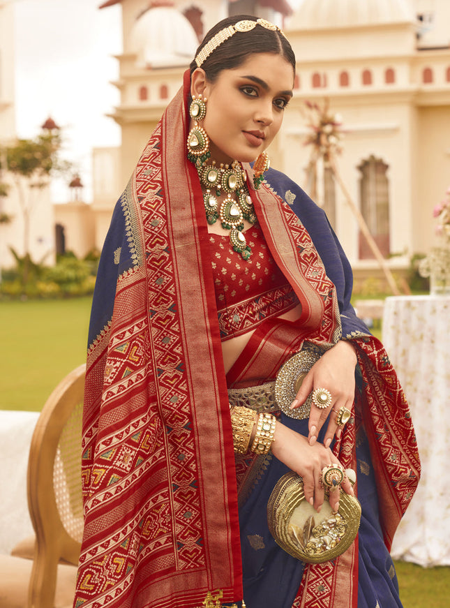 Navy Blue Mercerized Silk Designer Saree