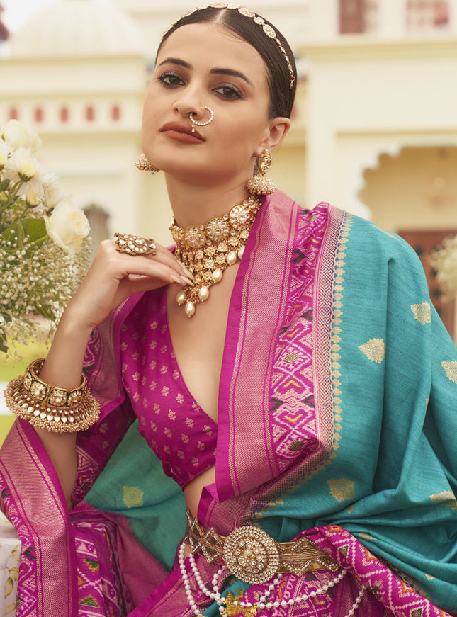 Firozi Mercerized Silk Designer Saree